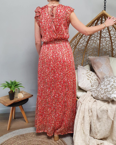 Robe longue rouge fleurs liberty jaunes et blanches 16033