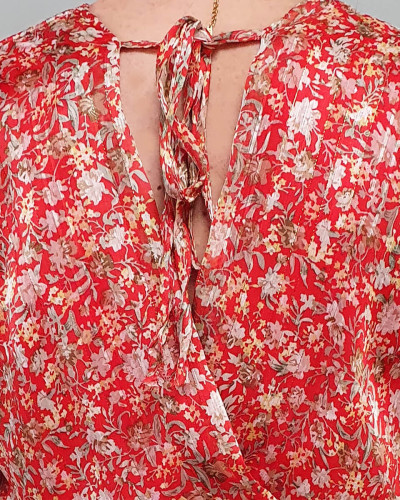 Robe longue rouge fleurs liberty jaunes et blanches 16033