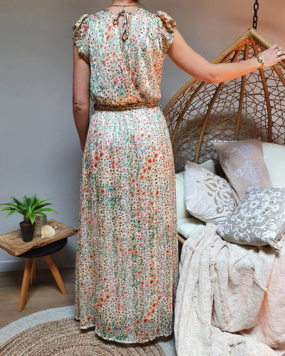 Robe longue verte fleurs roses et beiges avec liseré doré