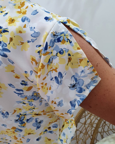 Robe femme écru imprimé floral jaune et bleu