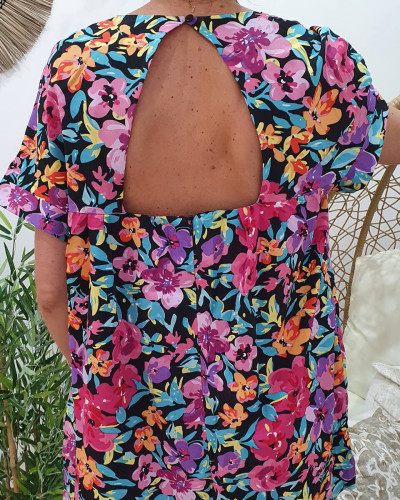 Robe-short noire imprimé floral violet bleu et orange