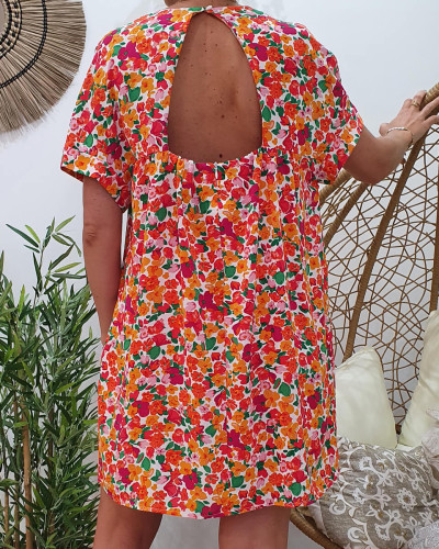 Robe-short blanche imprimé floral orange rose et vert