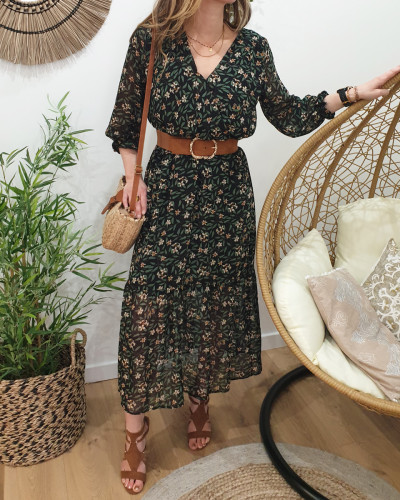 Robe longue noire feuillage fin et petites fleurs beiges 17065