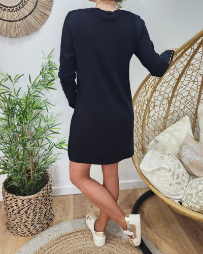 Robe pull femme noire col V manches boutonnees 20774
