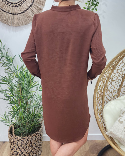 Robe femme droite fluide marron unie col mao