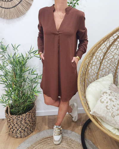 Robe femme droite fluide marron unie col mao 20963