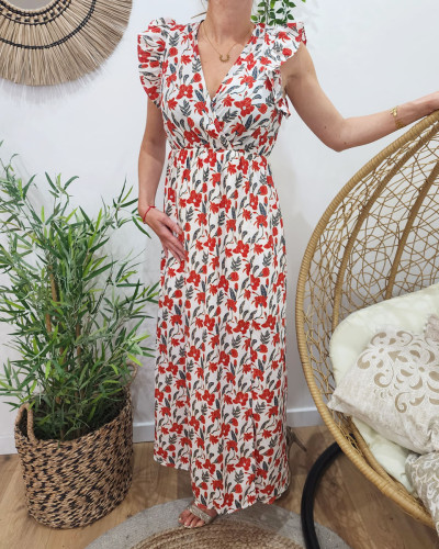 Robe longue femme fleurie blanche et rouge Rebecca 21238
