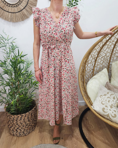Robe longue femme blanche petites fleurs rouges cerises et vertes 22000