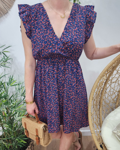 Robe courte femme fleurie marine et rouge Serena
