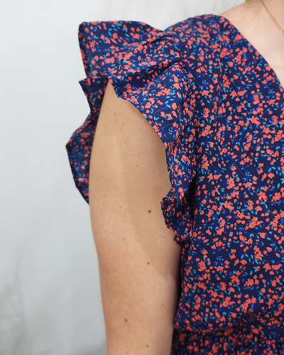 Robe courte femme fleurie marine et rouge Serena
