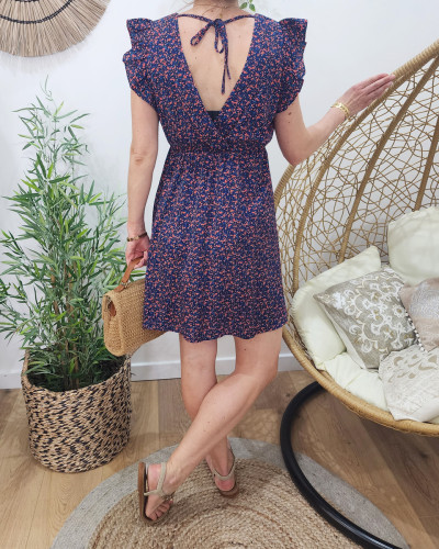 Robe courte femme fleurie marine et rouge Serena