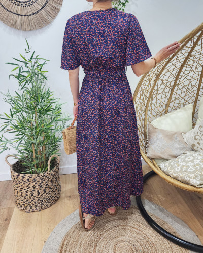 Robe longue femme fleurie marine et rouge manches volantes Serena