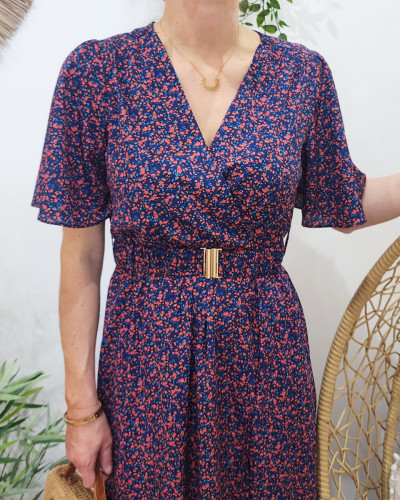 Robe longue femme fleurie marine et rouge manches volantes Serena