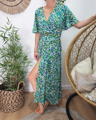 Robe longue femme fleurie manches volantes vert et bleu Sienna