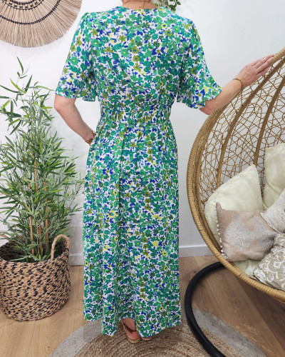 Robe longue femme fleurie manches volantes vert et bleu Sienna