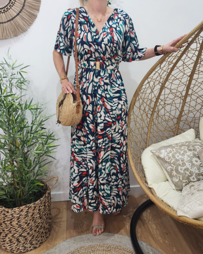 Robe longue femme marine motifs blancs bleu rouges Linda