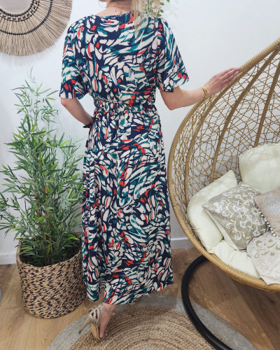 Robe longue femme marine motifs blancs bleu rouges Linda
