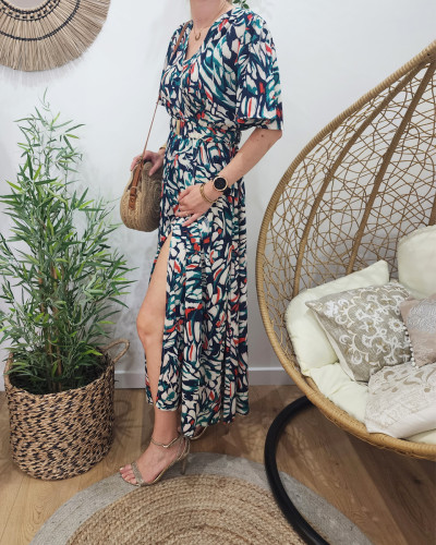 Robe longue femme marine motifs blancs bleu rouges Linda