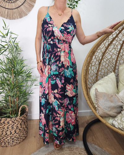 Robe longue femme marine fleurs vertes et roses blandine
