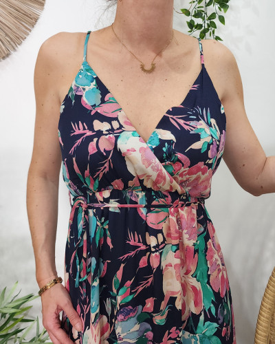 Robe longue femme marine fleurs vertes et roses blandine