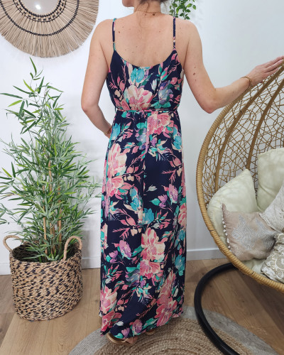 Robe longue femme marine fleurs vertes et roses blandine