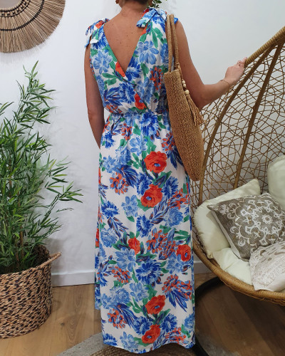 Robe longue femme bretelle à noeuds blanche fleurs oranges et bleues Maria