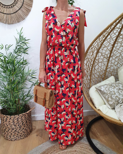 Robe longue femme fleurs fuchsia bretelles noeuds Ariana 22819