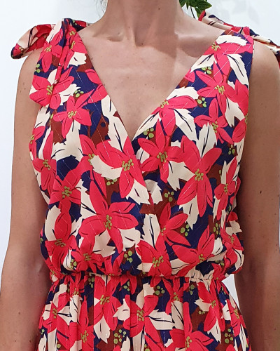 Robe longue femme fleurs fuchsia bretelles à noeuds Ariana