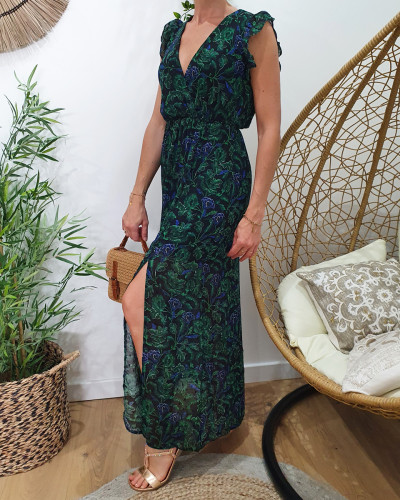 Robe longue femme noire feuillages bleus et verts Gwladys
