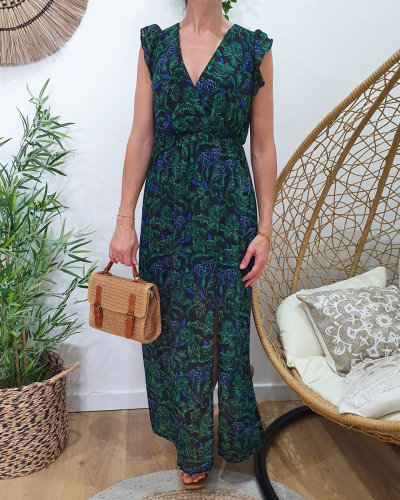 Robe longue femme noire feuillages bleus et verts Gwladys