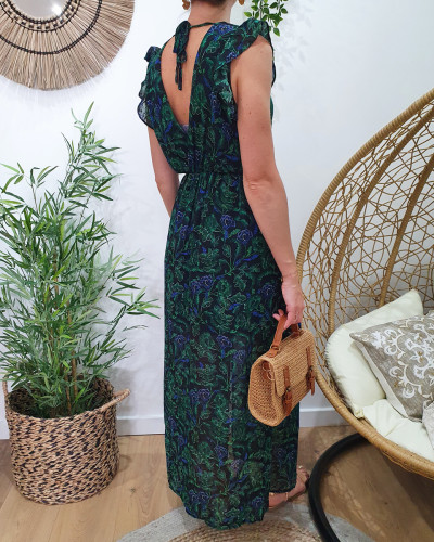 Robe longue femme noire feuillages bleus et verts Gwladys