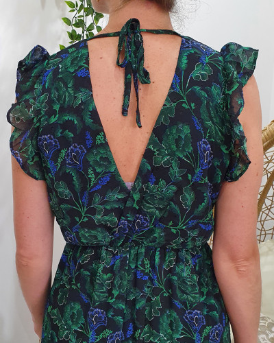 Robe longue femme noire feuillages bleus et verts Gwladys