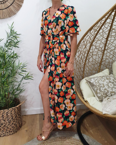 Robe longue new arrivals noire a fleurs