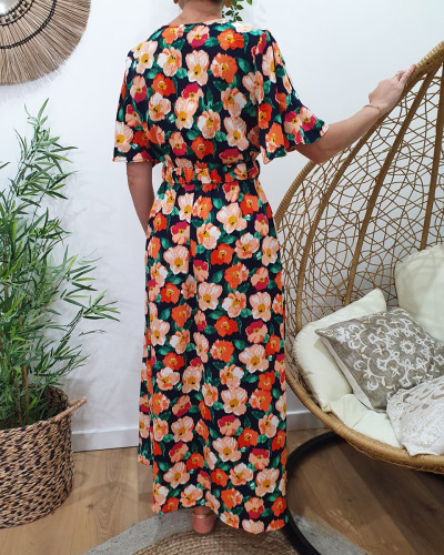 Robe longue femme noire fleurs orangées Imelda