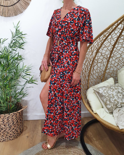 Robe longue femme noire fleurs rouge et rose Louisiane 22931