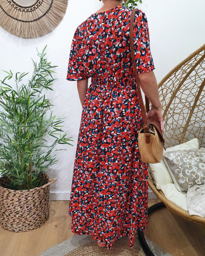 Robe longue femme noire fleurs rouge et rose Louisiane 22931