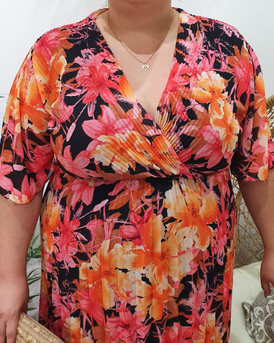 Robe longue plissée grande taille fleurie orange et rose