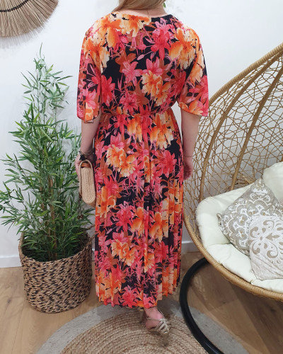 Robe longue plissée grande taille fleurie orange et rose