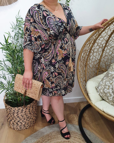 Robe bohème courte noire camel et fuchsia Vénus