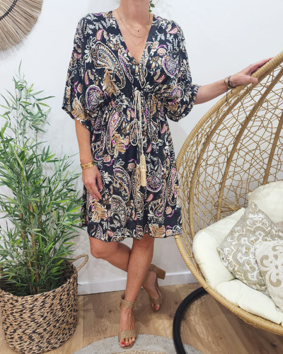 Robe bohème courte noire camel et fuchsia Vénus