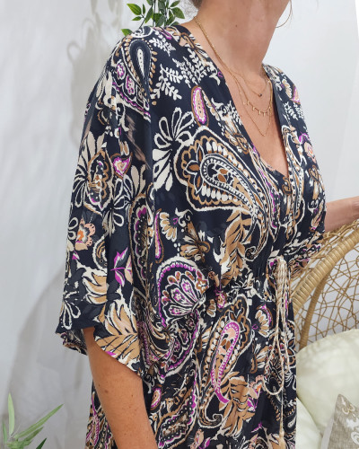 Robe bohème courte noire camel et fuchsia Vénus