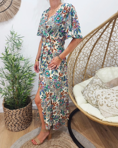 Robe longue femme écru motif multicolore Ambroise