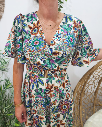 Robe longue femme écru motif multicolore Ambroise