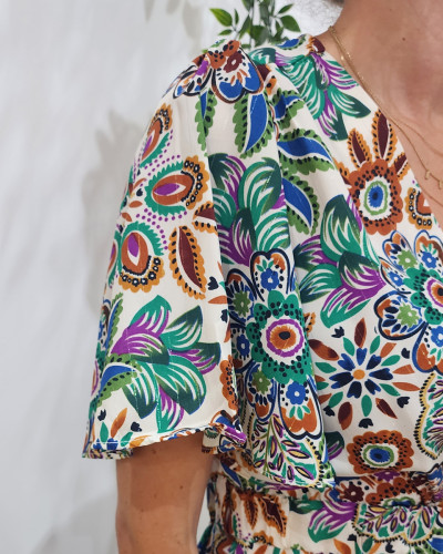 Robe longue femme écru motif multicolore Ambroise