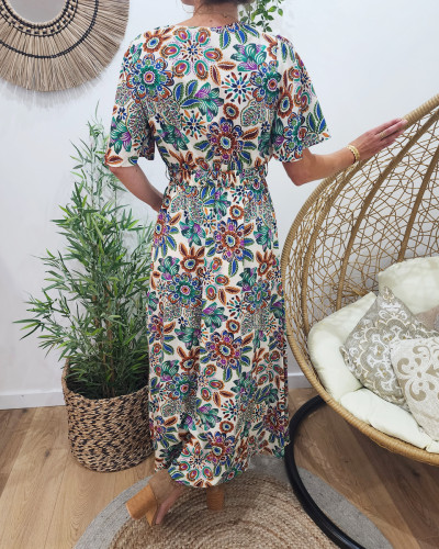 Robe longue femme écru motif multicolore Ambroise