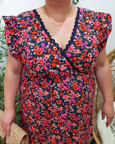 Robe femme marine fleurs roses orangées Florentina