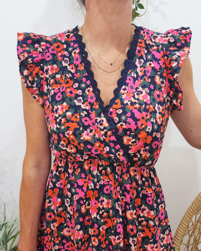 Robe femme marine fleurs roses orangées Florentina