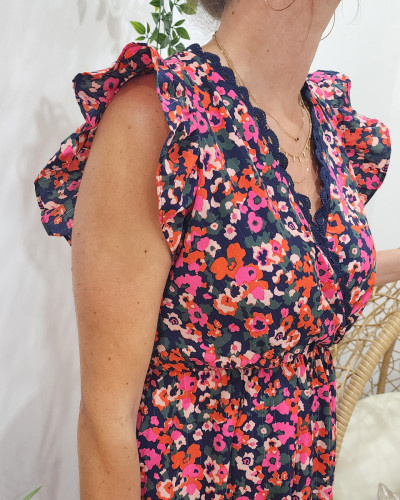 Robe femme marine fleurs roses orangées Florentina