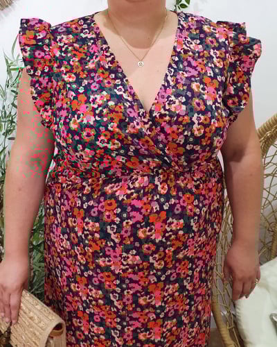 Robe longue femme marine fleurs roses orangées Florentina