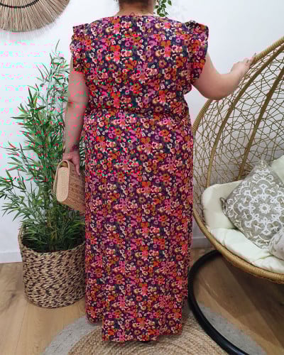 Robe longue femme marine fleurs roses orangées Florentina